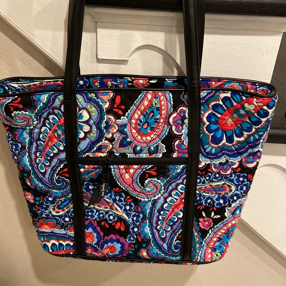 VERA BRADY FLORAL Parisian paisley TOTE WITH Blk LEATHER STRAPS 14in strap - Picture 4 of 12